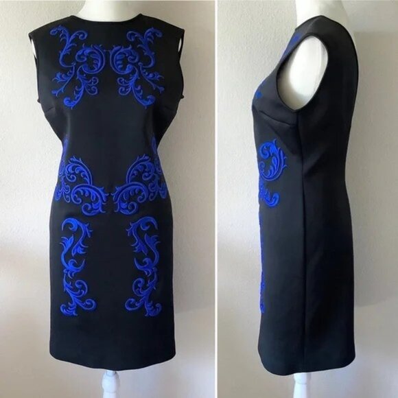 CLOVER CANYON Ponte Dress Embroidered Sleeveless Career Cocktail Black Blue NEW - Picture 2 of 6